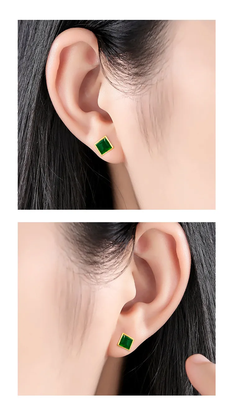 Boucles d'oreilles en jade vert naturel 925 clous d'oreille en argent Bijoux de mode Calcédoine Amulette Cadeaux pour femmes