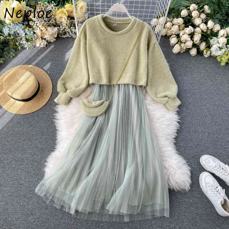 Neploe Korean Chic Multicolor Conjunto de mujeres O Cuello Suéter de punto de manga larga + Falda plisada de cintura alta Traje de primavera Slim 210423