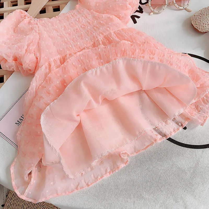 Vestido de encaje fruncido rosa para niñas, ropa de manga abullonada, disfraz de princesa de verano para niños 210529