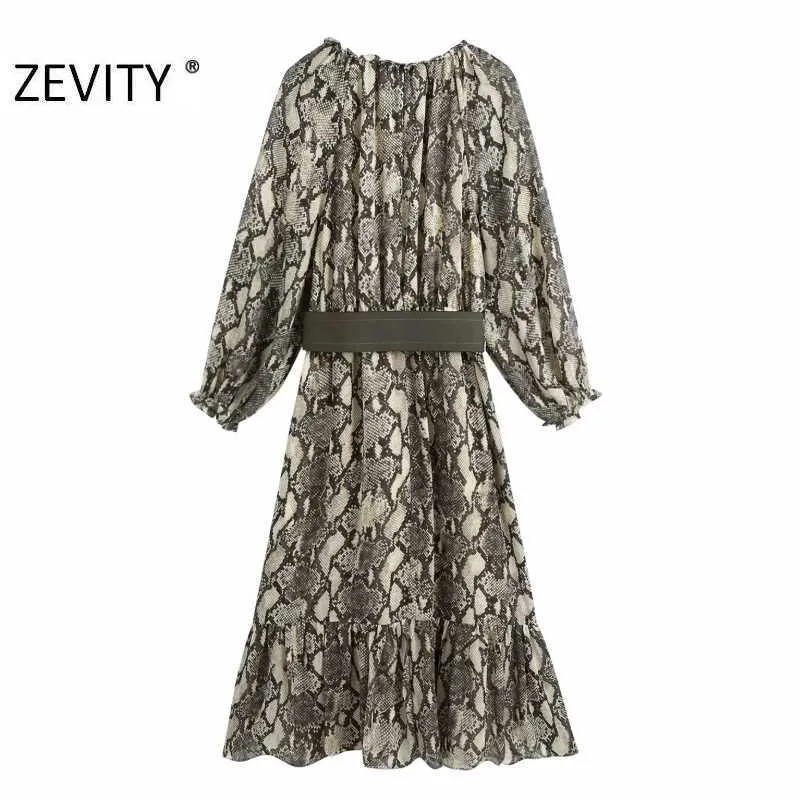 Zevity Kobiety Vintage Wąż Skin Print Sashes Midi Sukienka Kobieta Zwierząt Tekstura Plisowane Ruffles Kimono Vestido Chic Dresses DS4474 210603