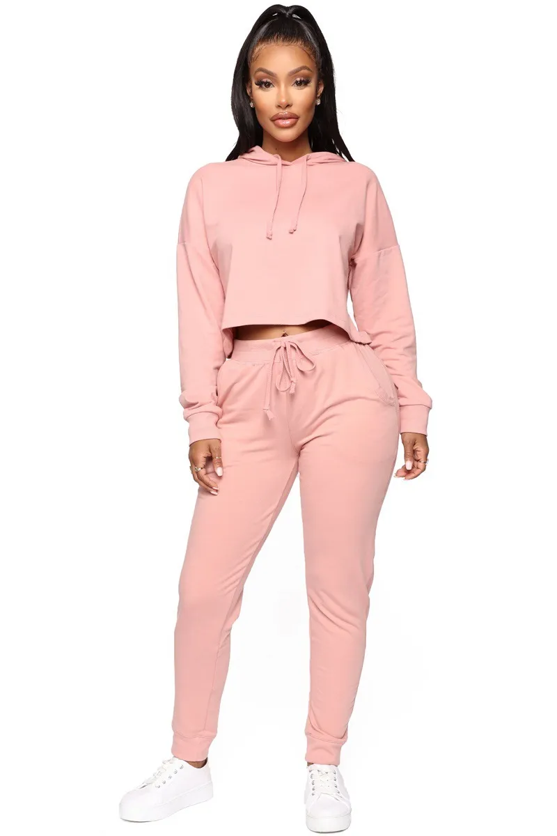 Women Sets Loose Casual Pants Hooded Crop Top Drawstring Long Sweatsuits For Two Piece And 210513