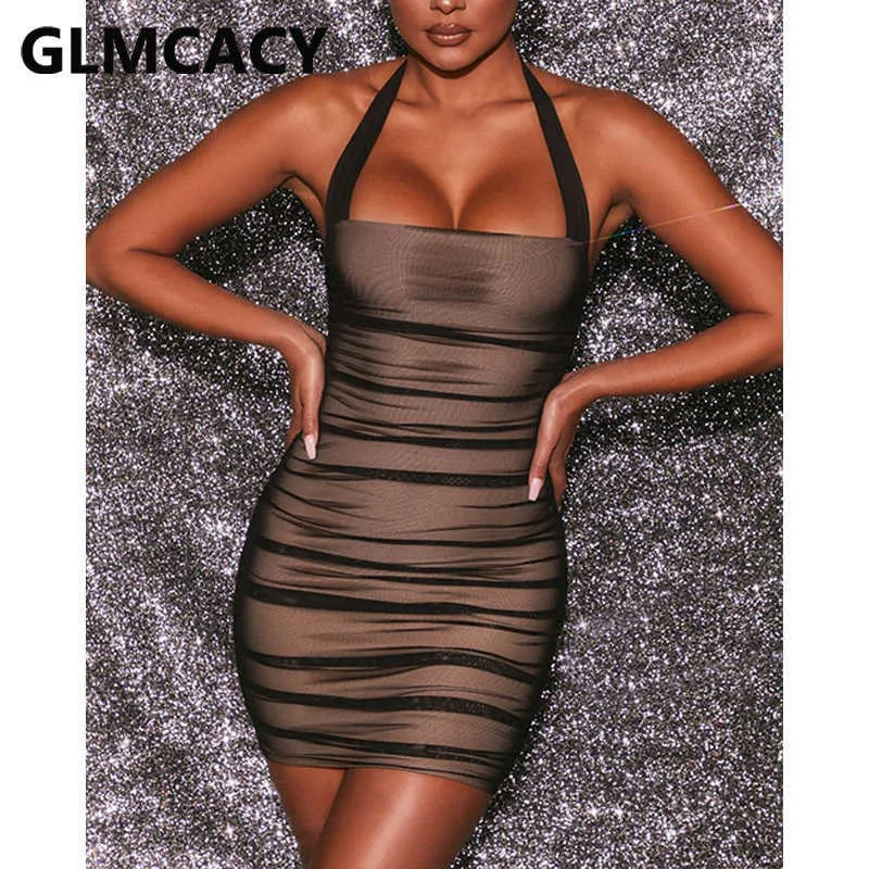 Femmes Mesh Halter Slim Dress Sexy Night Out Party Club Mini Robes 210702