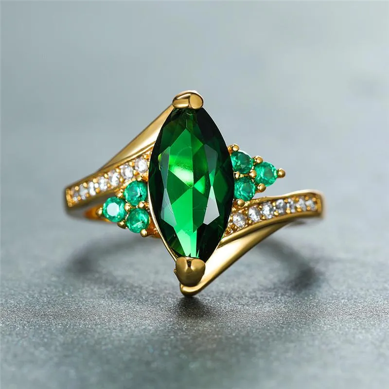 Обручальные кольца, роскошное женское кольцо с зеленым кристаллом и камнем, винтажное кольцо из желтого золота, тонкое для женщин, с подвеской в форме листа циркона, обручальное2213
