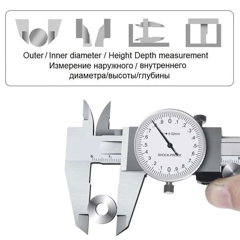 Dial Calipers High Precision Metal Vernier Shockproof Height Depth Inner Outer Diameter Tester 0-200 mm Measuring Tools 210922