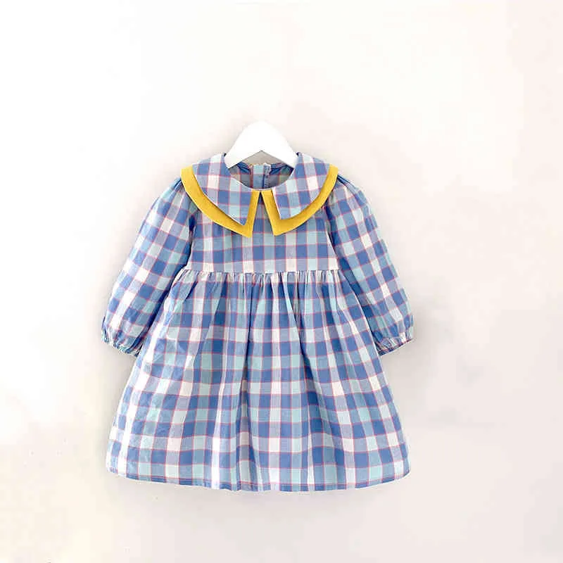 Kızlar Elbise Moda Ekose Yaka Renk Eşleştirme İlkbahar Yaz Uzun Kollu Çocuk Prenses Bebek Kız Giysileri 210515