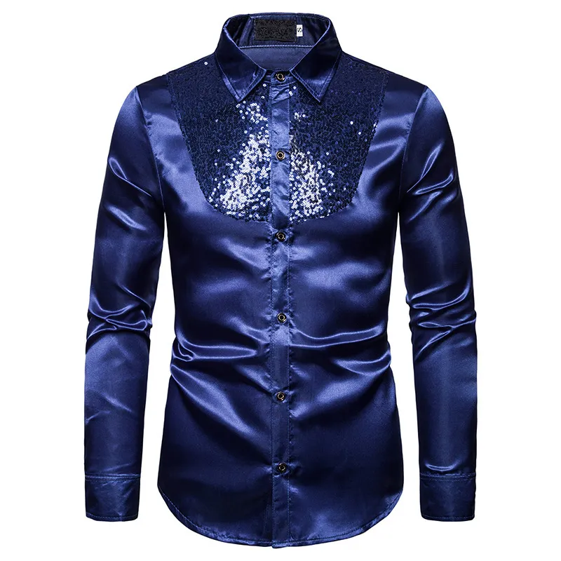 Chemise lisse en satin de soie pour hommes Chemise de smoking à paillettes d'or de luxe Party Stage Performance Robe de mariée Chemises Chemise Homme 210524