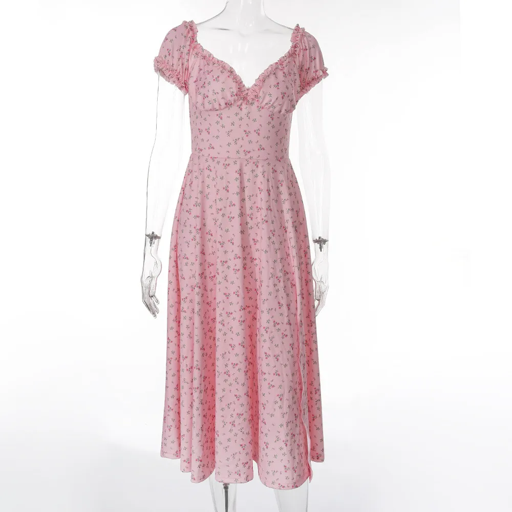 Foridol Ruffle Off Épaule Vintage Robe d'été Femmes Boho Slit Floral Print Robe longue Vintage A-ligne Rose Sundress 210415