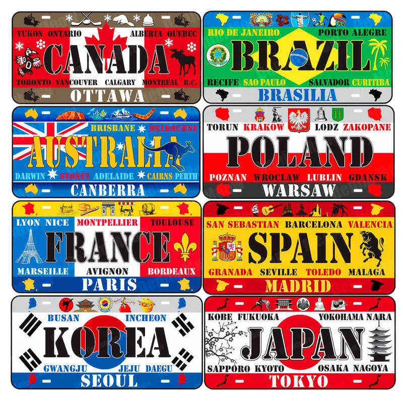 Brasil Coreia Japão Canadá Placa de Licença Carro Motocicleta Sinais de Metal Bar Café Decoração de Casa México Índia Alemanha Pintura de Parede ZSS22 H13910895