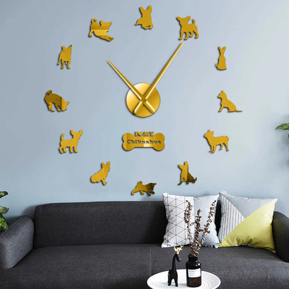 Chihuahua 3D DIY Niemy akrylowy zegar ścienny szczeniaki Puppy Pies Rasy Pupy Rass Wall Art Decor zegar Zegarek Zwierzęta Self Authesive Creative Show x07263571611
