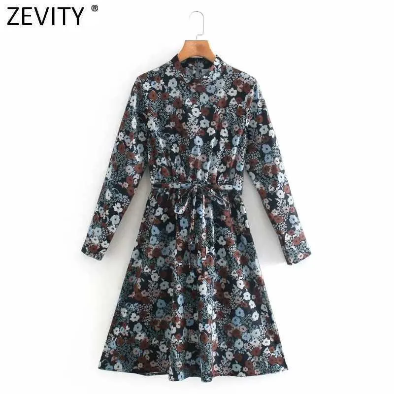 Zevity Women Vintage Stand Collar Floral Print Lace Up Kneeth Klänning Kontor Långärmad Vestido Casual Slim Dresses DS4789 210603