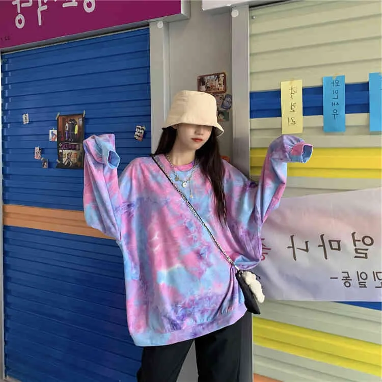 Lange Mouwen Tops T-shirt Dames Harajuku Tie Dye Tee Shirt Femme Koreaanse Mode Kleding Losse Tshirts Streetwear 210519