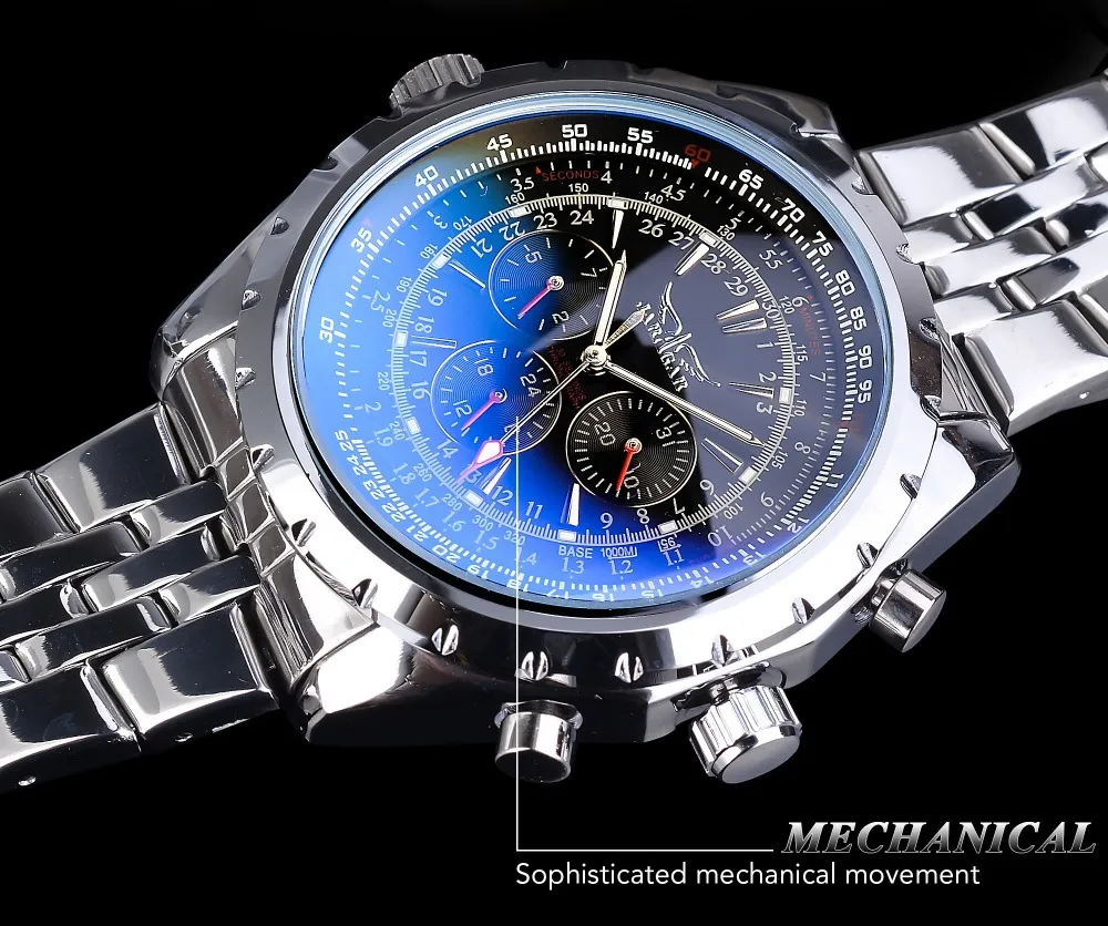 Jaragar blått glasdesign svart silver automatisk klocka rostfritt stål datumklocka Lysande män Business Mekanisk armbandsur