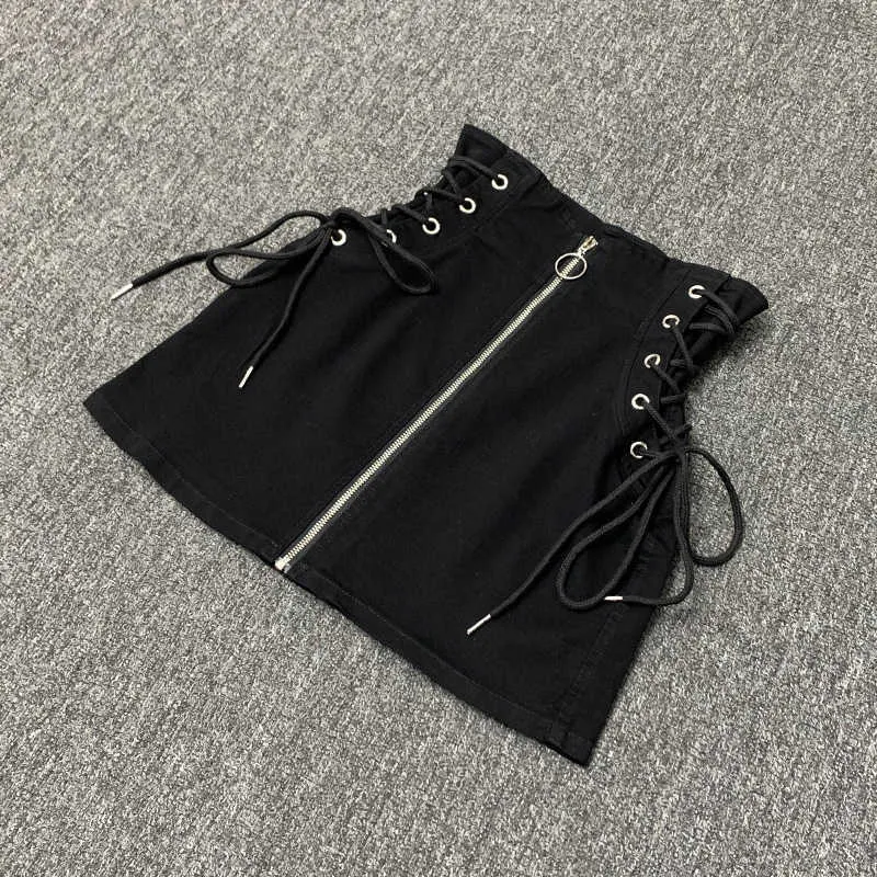 Denim A-line lace-up skirts women front ring zipper fashion empire mini skirt bottoms 210629