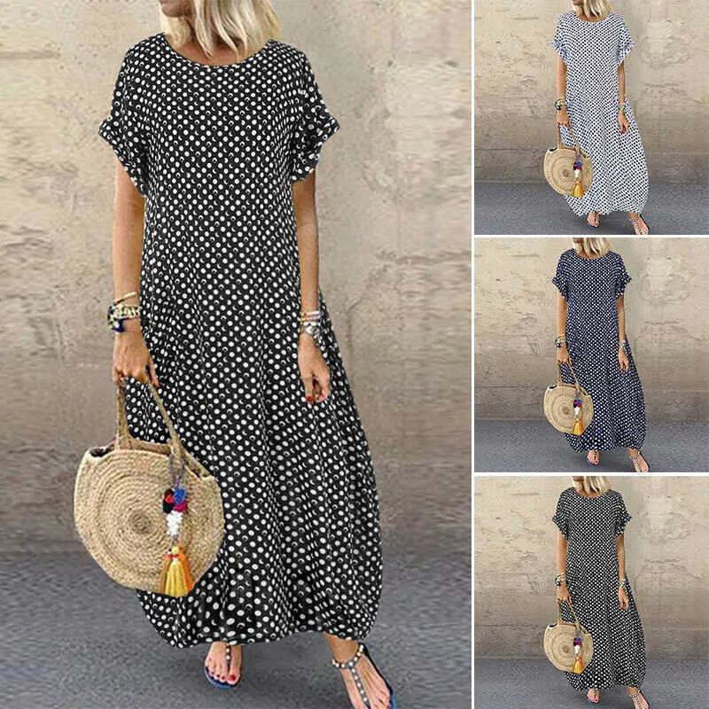 2021 Kobiety Sundress Vintage O-Neck Long Maxi Sukienka Kobieta Dorywczo Dot Pinted Summer Sukienka Beach Boho Sukienki Vestidos Robe X0521