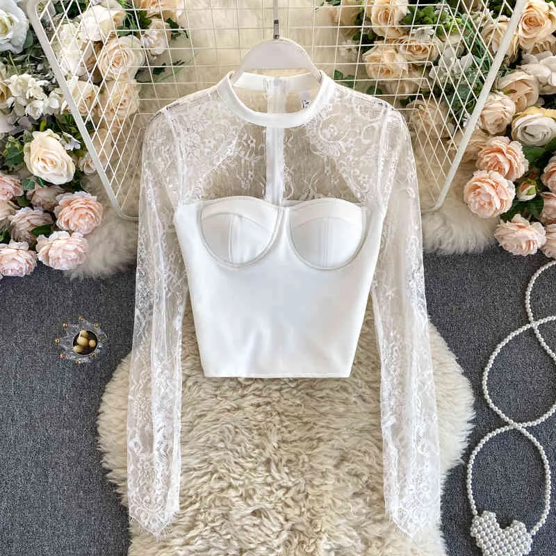 Autumn Style Lace Hollow Top Women's Round Neck Hanging Net Yarn Chain Link Stitching Long-sleeved Short UK317 210506