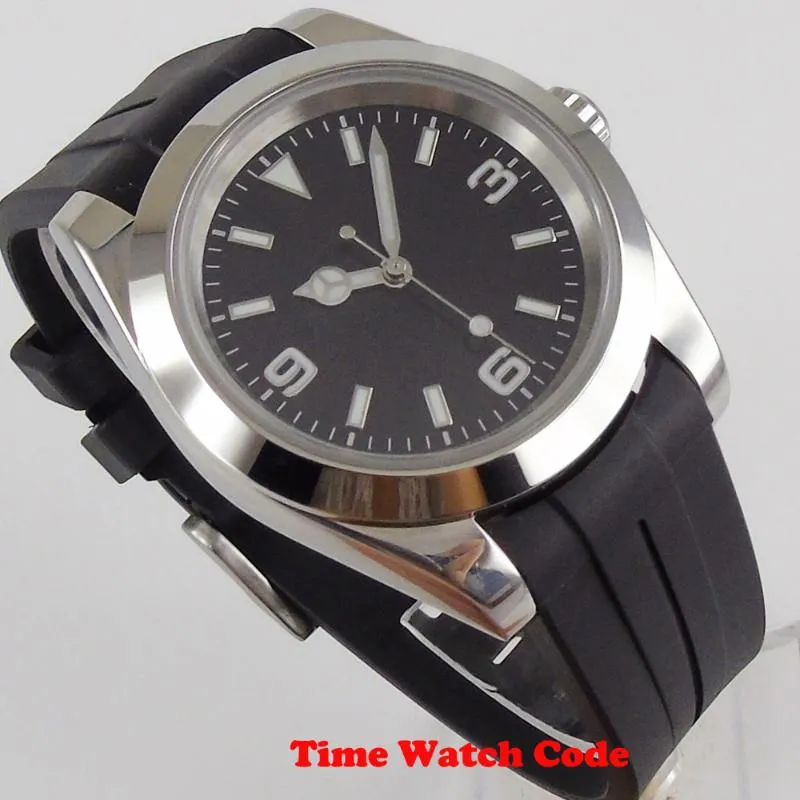 Wristwatches 40mm Automatic Men's Watch NH35 Movement Polished Case Rubber Strap Black Dial Wristwatch Luminous Hands Marks336T