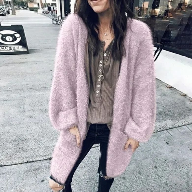 Elegant godis rosa faux päls känga kvinnor casual overcoat höst vinter mjuk jacka ficka varm hårig collarless outwear 210517
