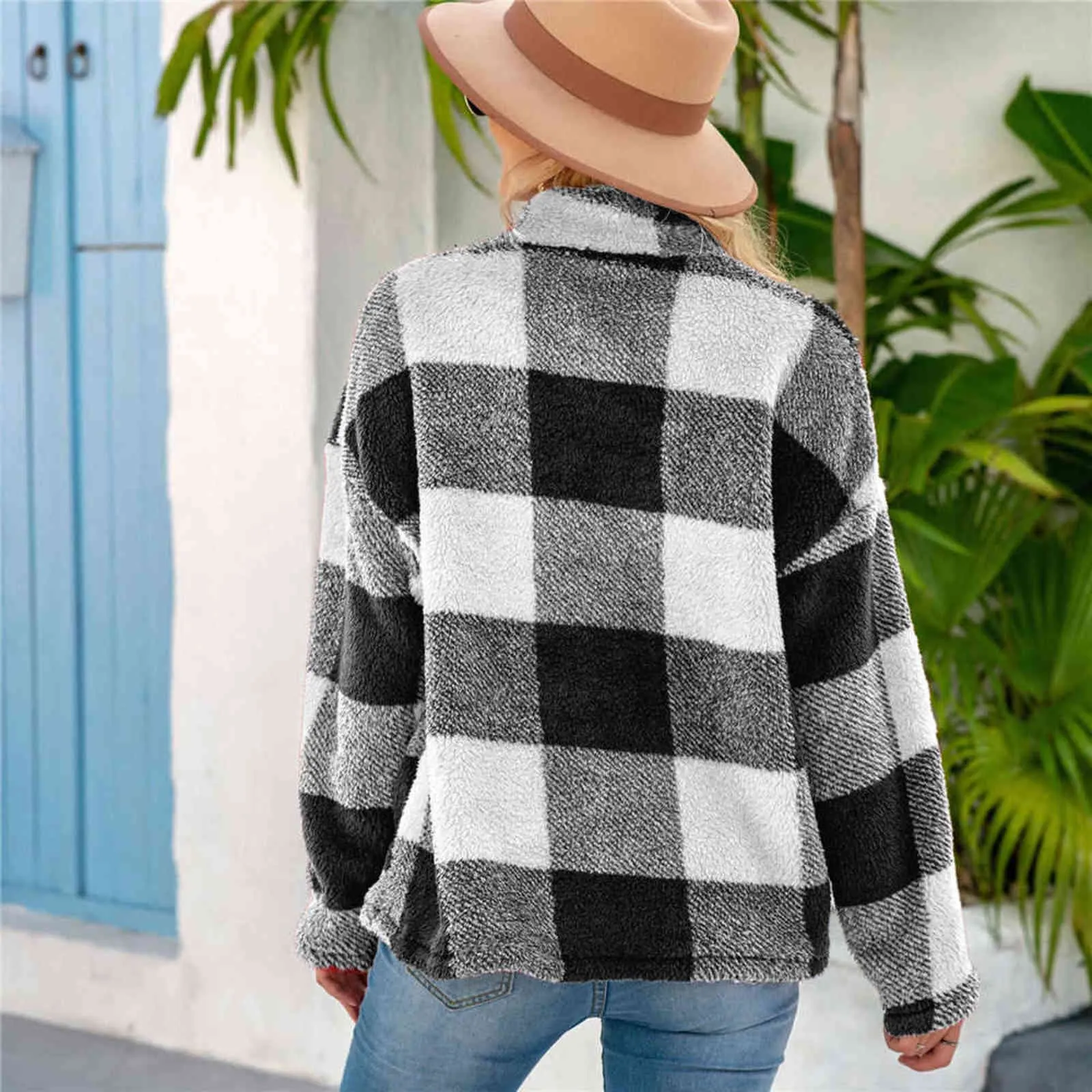 Femmes hiver Teddy pull moelleux Sherpa polaire Plaid pull 1/4 fermeture éclair pull à col roulé automne chaud Street Wear 211103