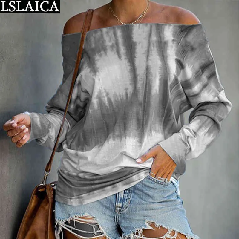 Koszulki Damskie Lato Długie Rękaw Slash Neck Tie Dye Damskie Top Casual Elegancki Plus Rozmiar S-5XL Streetwear 210515