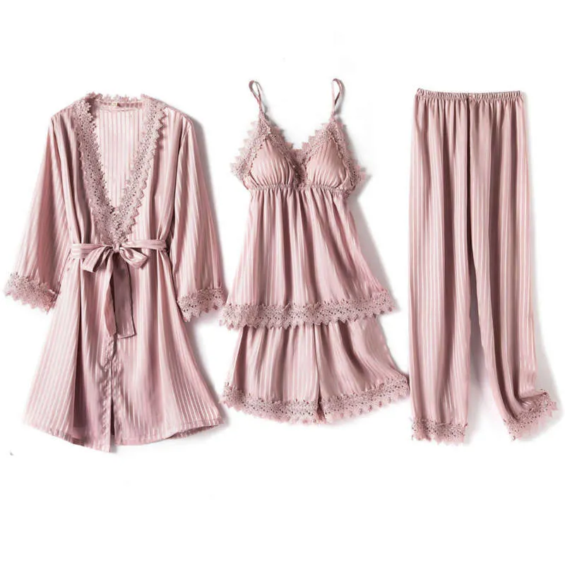 Seide Pyjamas Set Spitze Frauen Robe Kleid Sexy Satin Nightsuits V-ausschnitt Nachthemd Schlaf Anzug Nachthemden Kimono Pyjama Nachthemden 210928