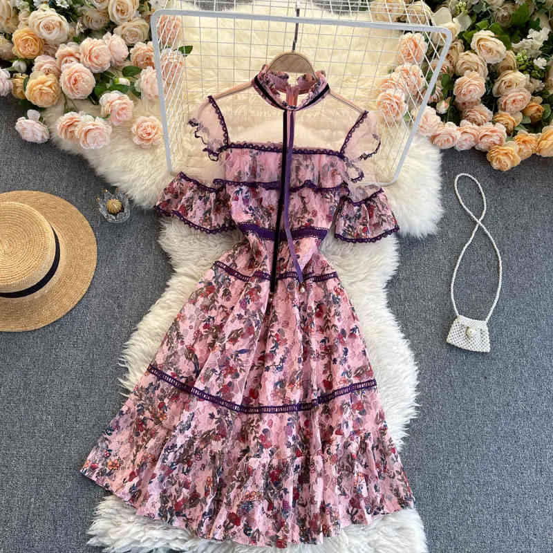 Spring Net Yarn Lace Vestidos Flor bordada para mujer Temperamento Stand-up Collar de manga corta con volantes Midi Dress C770 210506