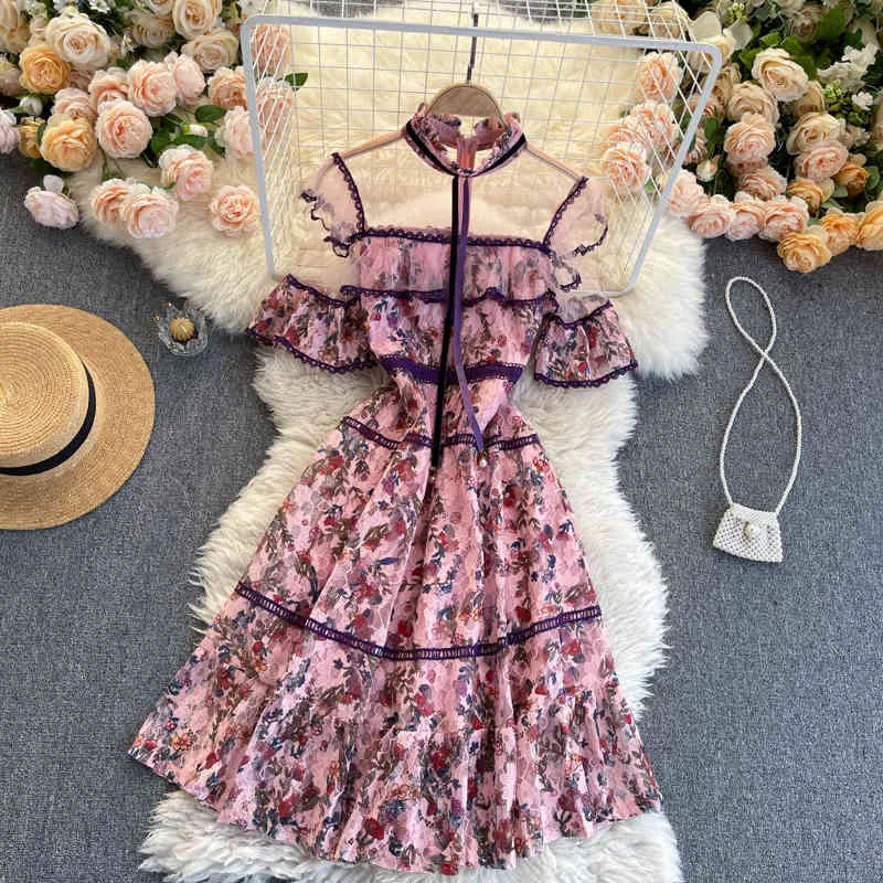 春ネット糸レースvestidos女性の刺繍の花の気質スタンドアップカラー半袖フリルのMidi Dress C770 210506