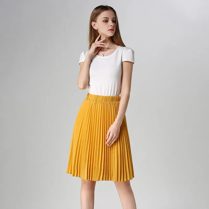 Solid veckade kjolar för kvinnor sommar Ny koreansk stil knä längd hög midja skolsol kjol chiffong kvinnor minikjol 210415