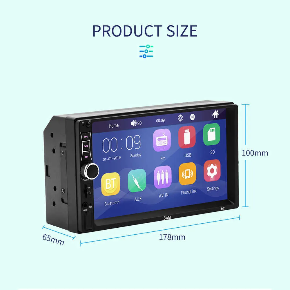 7 Inch A7 2 Din Touch Screen Car Stereo FM Radio Bluetooth Mirror Link Multimedia MP5 Player AUX FM Radio Car Electronics221d