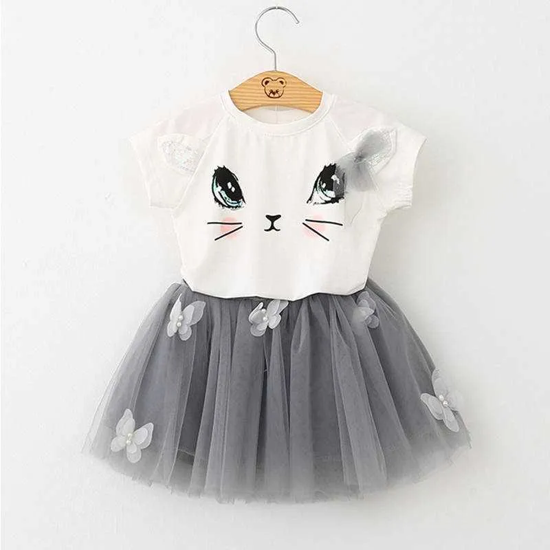 T-shirt Summer Lovely Cat e camicia in tulle con farfalla applicata ragazze Dreesess a maniche corte 210528