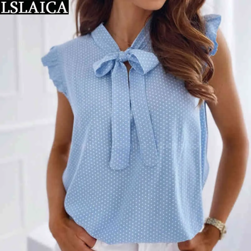 Bluz Kadın Moda Polka Dot Kolsuz Yay Yaka Tops Yaz Ofis Bayan Gömlek Rahat Artı Boyutu Giyim 210520 Için
