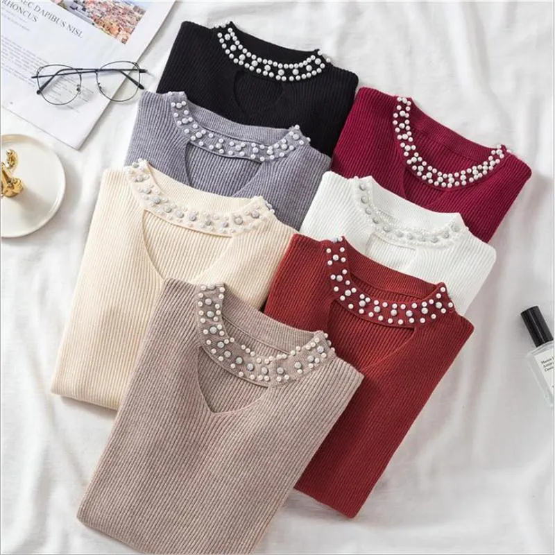 HSA sweter mujer Slim Casual Pearl Sweater and Pullovers V neck Hollow Out invierno Khaki White Solid Jumper 210430