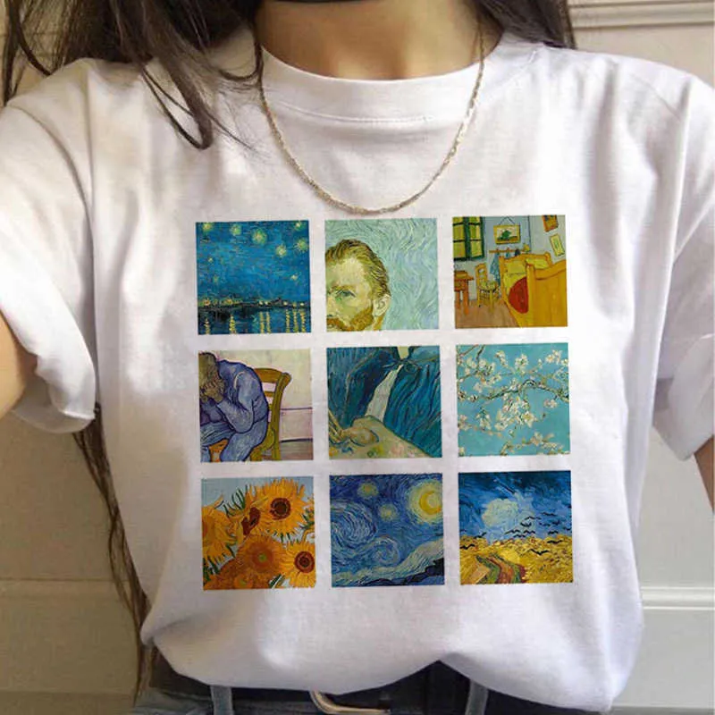 Camiseta Vintage de los 90, camisetas de moda para mujer, camisetas estéticas de Vincent Van Gogh Harajuku para mujer, camiseta divertida con pintura al óleo Ullzang X0527