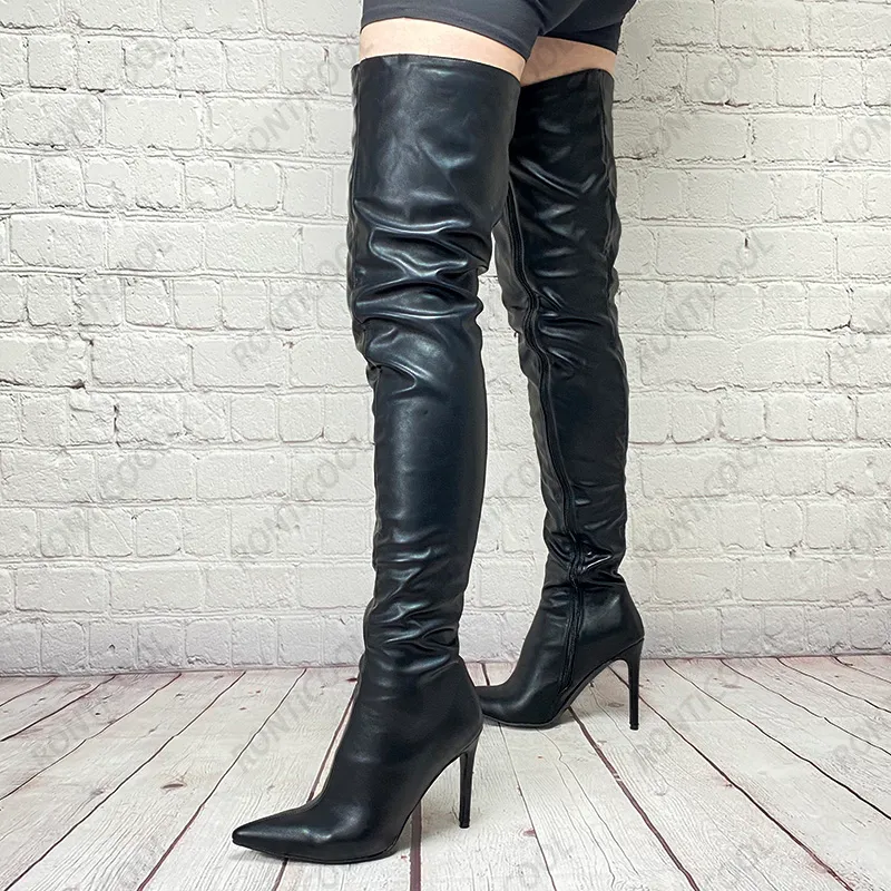 Rontic Neue Damen-Winter-Oberschenkelstiefel aus Kunstleder mit seitlichem Reißverschluss, Stiletto-Absatz, spitze Zehenpartie, Schwarz, Boutique-Schuhe, US-Größe 5–15