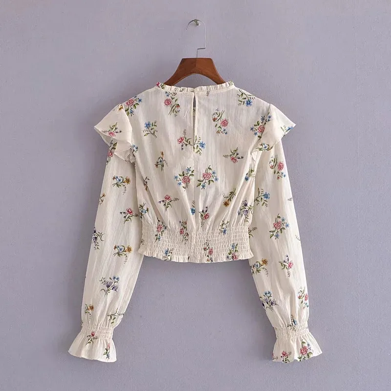 Floral Print Crop Top Women Spring Ruffle Long Sleeve Chic Woman Blouse Fahion Elastic Hem Beautiful Blouses 210519