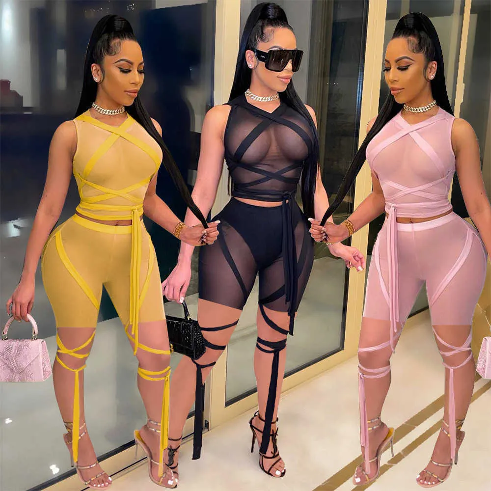 Adogirl Mesh Sheer Summer Outfits Two Piece Set Lace Up Crop Top Bodycon Shorts for Women Tracksuit Sexy Club Matching Sets Y0702