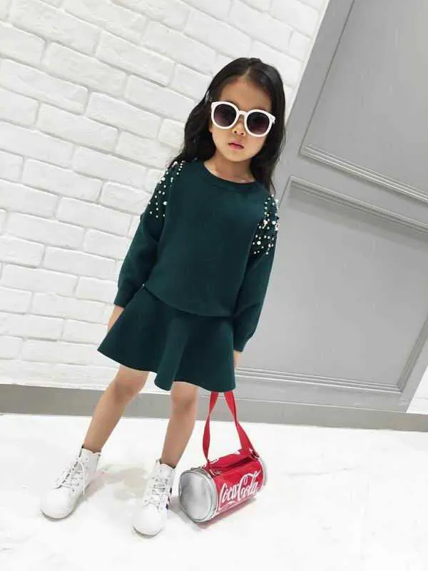 Beading Knitted Girl Clothing Sets Solid Color Long Sleeve Sweater+Skirt Outfits Baby Clothes 2-6Y B64 210610