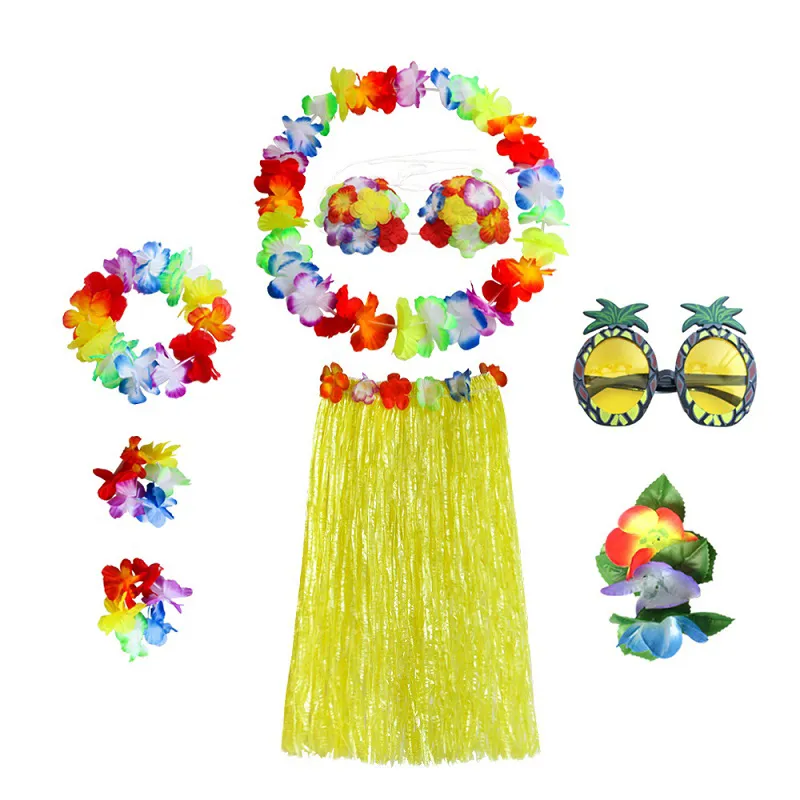Set Grasrokken Hawaiiaanse feestdecoret Zet Pineapple Zonnebril Artificiële bloem Garland Girl Kleed Feestelijke voorraden Facto1624262