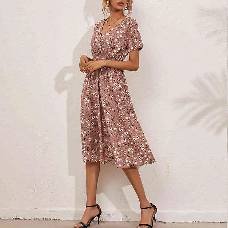 Rose Floral longue robe femmes été robe mi-longue ajustée et évasée Maxi robe d'été élégante plage Vestidos De Mujer tenue 210415