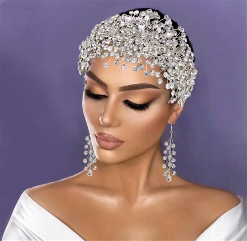 Mariage Bridal Righestone Band Band Front Couronne Tiare Crystal Hair Accessories Pageant Boucles d'oreilles Head Prom Party Bijoux Set221N