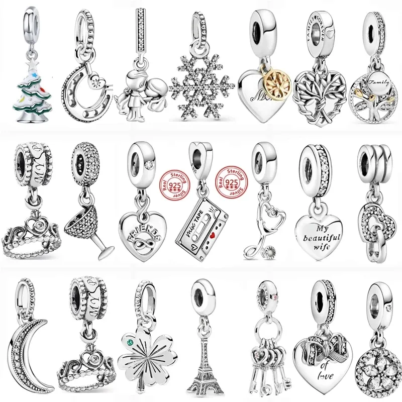 925 Sterling Silver Dangle Charm Lune Arbre Flocon De Neige Couronne Coupe Perle Fit Pandora Charms Bracelet DIY Bijoux Accessoires