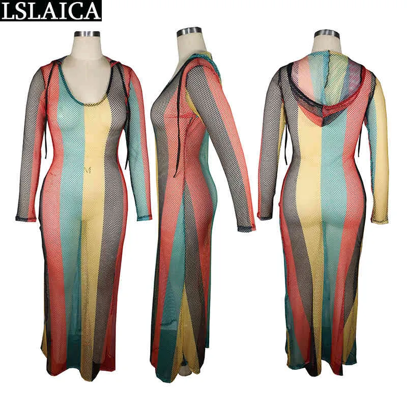 African Dresses for Women Long Sleeve Mesh See Through Rainbow Striped Casual Club Party Night Bodycon Dress 210515