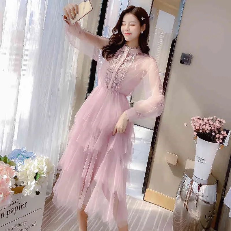 Spring Autumn Women's Dress Korean Style Pure Color Sling Mesh Bottoming Long-sleeved Two-piece es QX894 210507