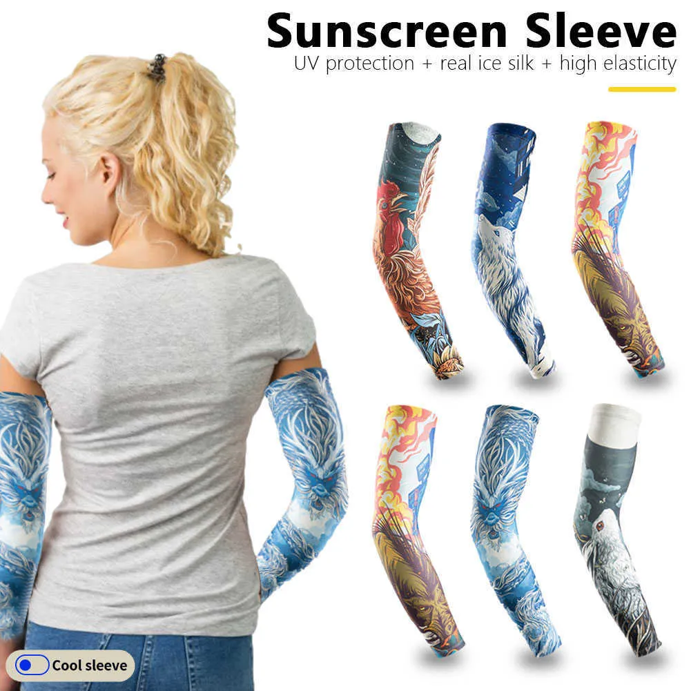 UV Sun Protection Braçadeira de Braço De Silk Cofreamento Tatuagem Capa Para O Verão Ciclismo De Pesca Suprimentos Animais Impressão Respirável Manga