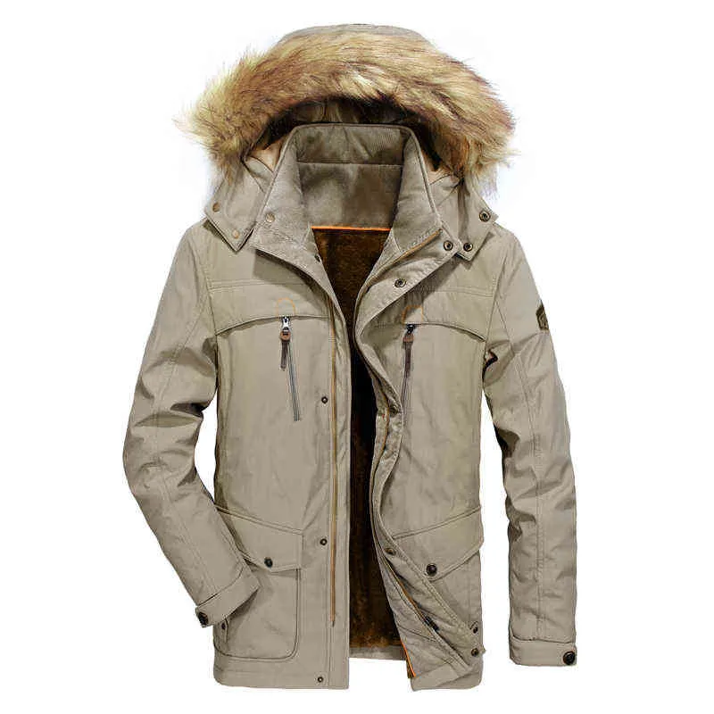 Parka para hombre, chaqueta con capucha y cuello de piel a la moda de invierno, chaqueta militar a prueba de viento con múltiples bolsillos, chaquetas informales para exteriores 211129