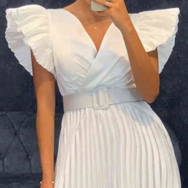 Women Sexy Wrap V Neck Office Mini Dress 2022 Summer Flying Sleeves Pleated Party Dress Spring Solid Draped A-Line Dresses Belt Y1204