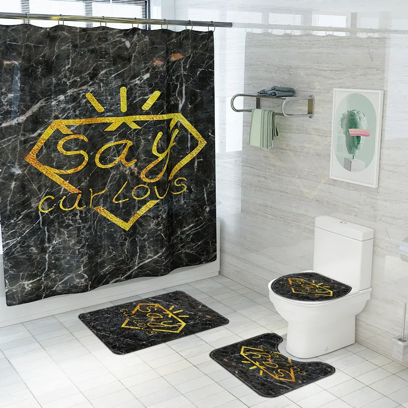 Set Creative Marble Impresión de mármol Cortina de ducha impermeable Alfombra alfombra de tapa de la tapa del baño Set227w