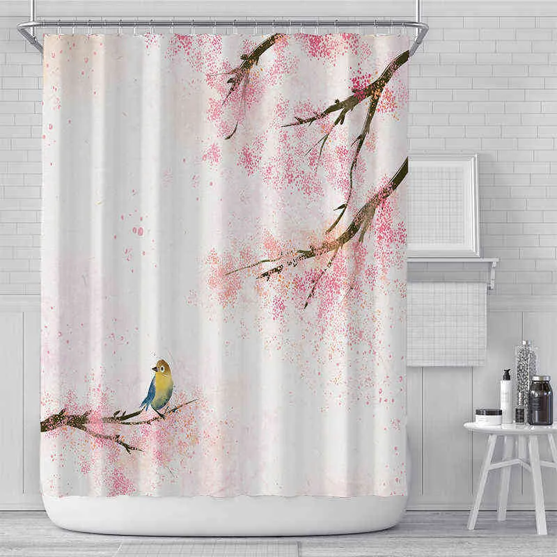 Tenda da doccia rosa fiori di ciliegio fiori di pesco sfondo bianco ragazza bagno schermo in tessuto poliestere impermeabile con set di ganci 211119