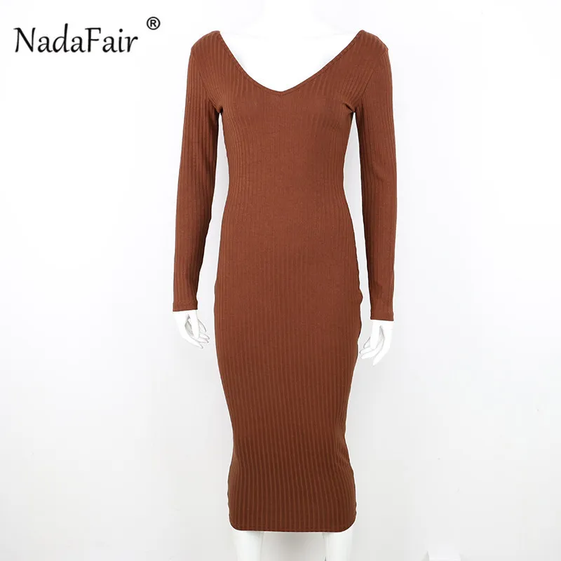 Nadafair moulante pull tricoté robe femmes extensible à manches longues Sexy hors épaule noir blanc basique mince Midi hiver robe X0521