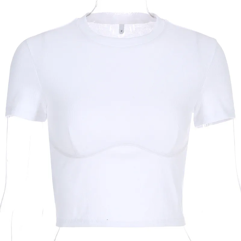 Летние урожайные вершины сплошной футболки Женщины толчок с проволокой тонкий натянутый для тройник белый серый черный T13001A 210421