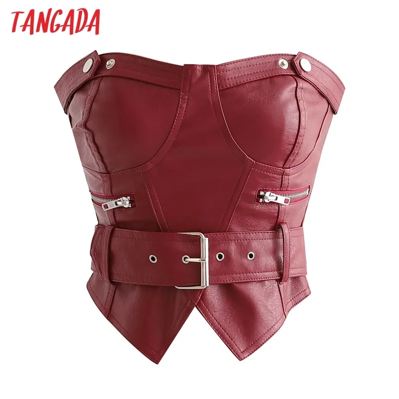 canotta da donna in ecopelle rossa con cintura con cerniera senza maniche top sexy femminili senza schienale 1D230 210416